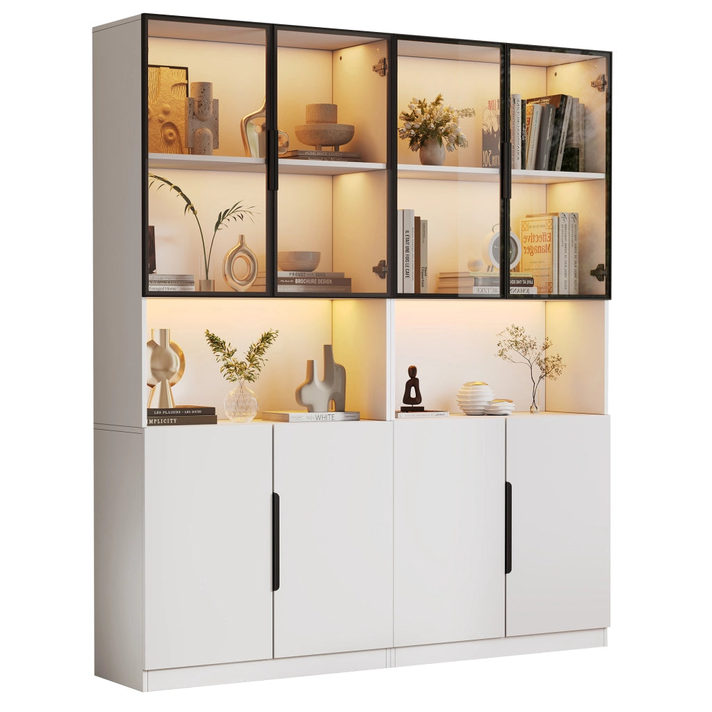 Vetrina con ante in vetro e LED controllata da app in pannello truciolare bianco con vetro temperato 160 × 30 × 200 cm