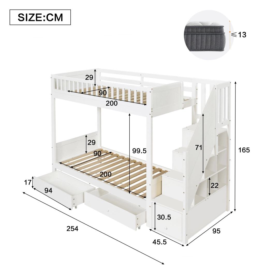 Letto a castello per bambini 90×200 cm 2 posti con scala contenitore, 2 cassetti e barriere, senza materasso, bianco