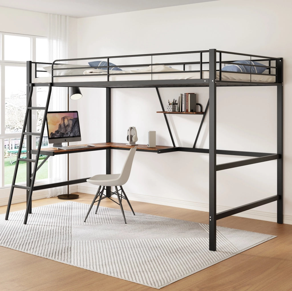 Letto a soppalco 90x200 cm con scrivania a L e ripiano, struttura in metallo nero