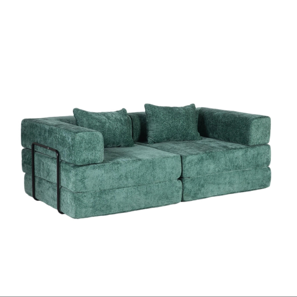 Divano letto 200x100x63 cm in ciniglia verde scuro, senza montaggio,