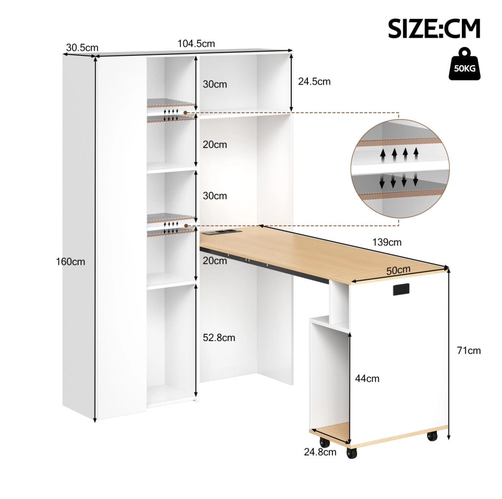 Scrivania pieghevole 2 in 1 con libreria, presa UE e USB in MDF bianco 104,5x30,5x160 cm