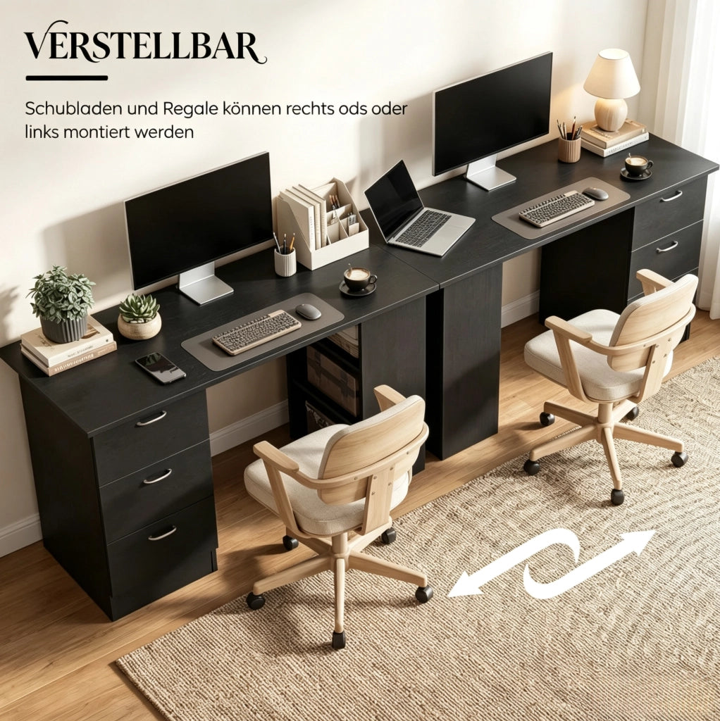 Scrivania per computer in MDF nera 120x49x72 cm con 3 ripiani e 3 cassetti, design modulare
