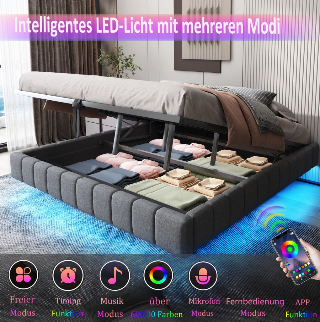 Letto imbottito sospeso 160x200 cm con vano contenitore e luce LED