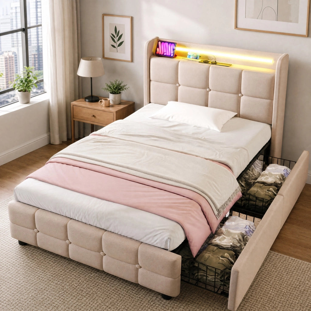 Desviae Letto Singolo 1 Posto con 2 Cassetti, USB, Prese e LED Regolabile 90 × 200 cm, Senza Materasso, Beige