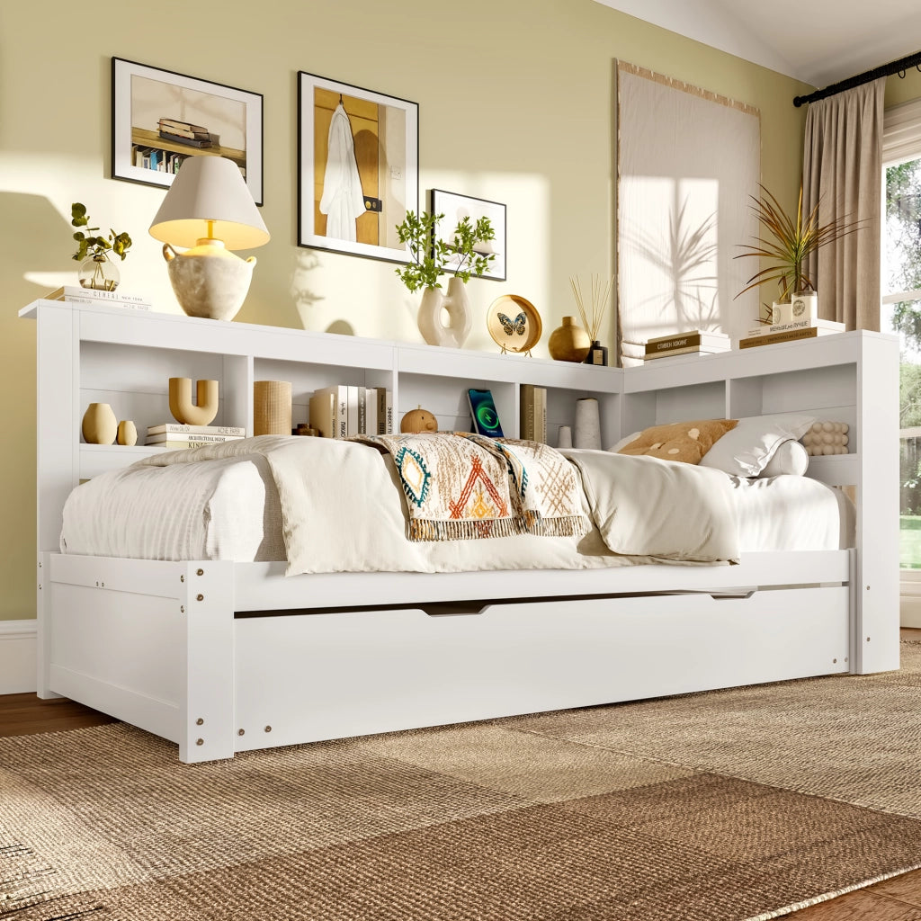Letto da giorno 90 x 200 cm in pannello truciolare con letto estraibile, presa e 2 USB, rete a doghe, senza materasso - Bianco