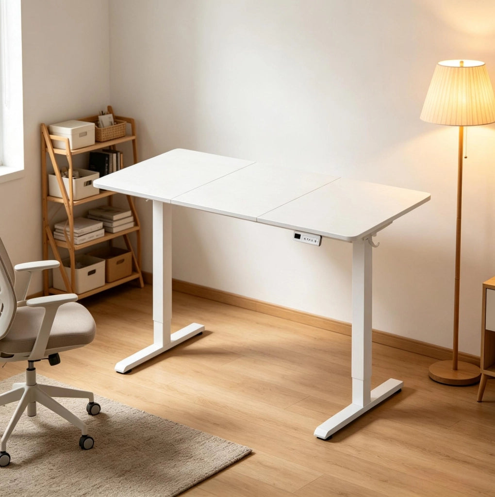 Scrivania Elettrica Regolabile in Altezza 140x60 cm con Struttura in Acciaio e Piano in Legno Bianco