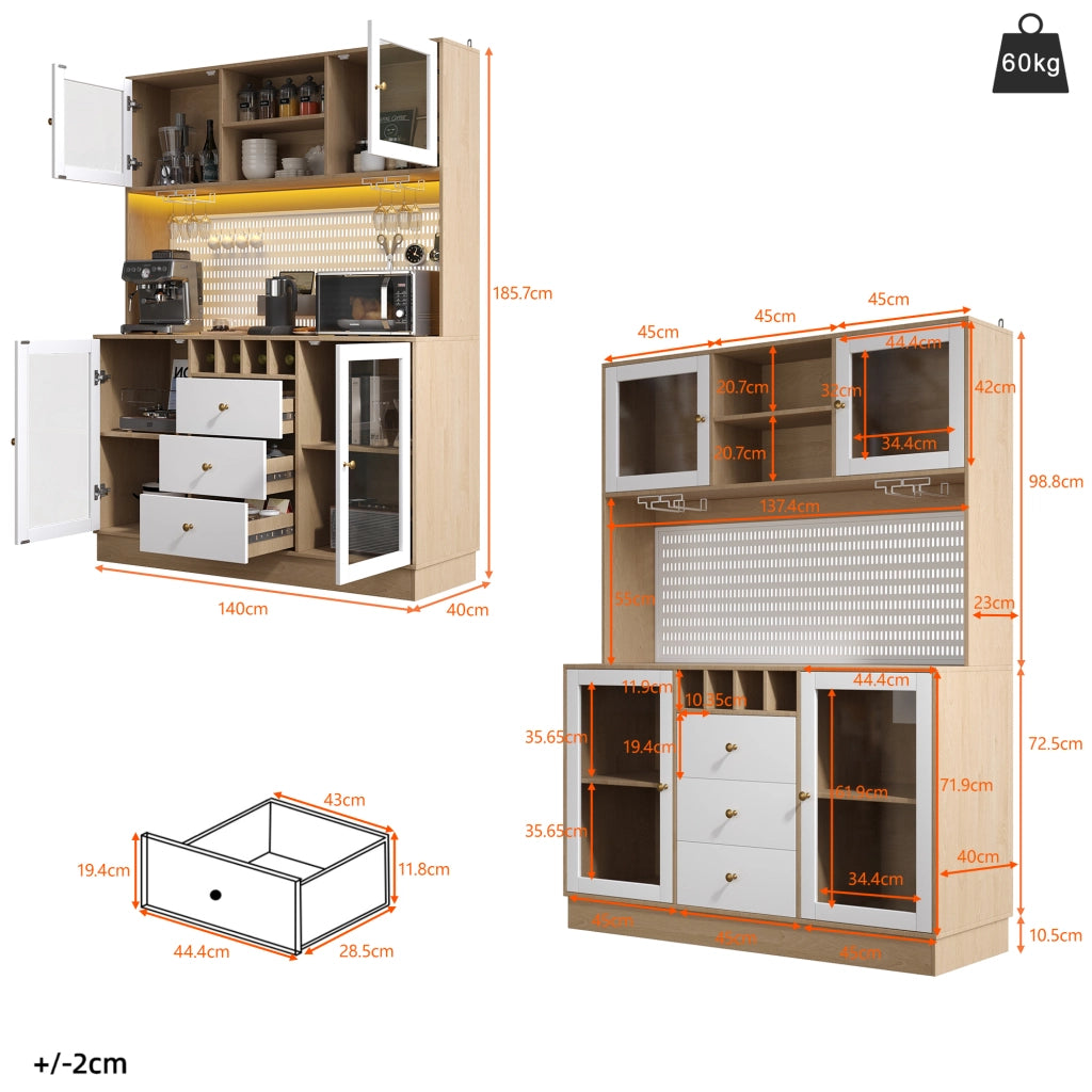 Mobile colonna da cucina con LED controllabile via app; portabottiglie; ripiani regolabili; bianco 140 × 40 × 185.7 cm