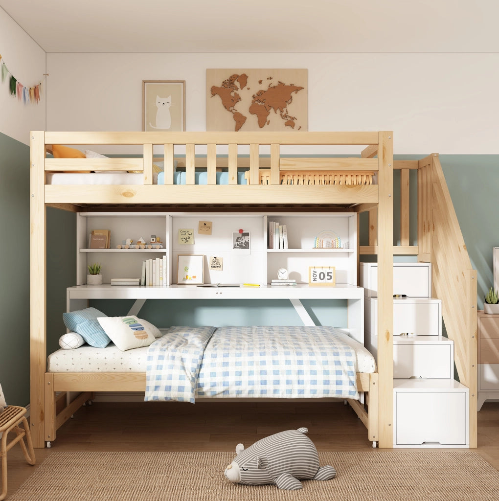 Letto a castello 90x200/90x190 cm con scrivania e letto estraibile in pino, compensato e MDF