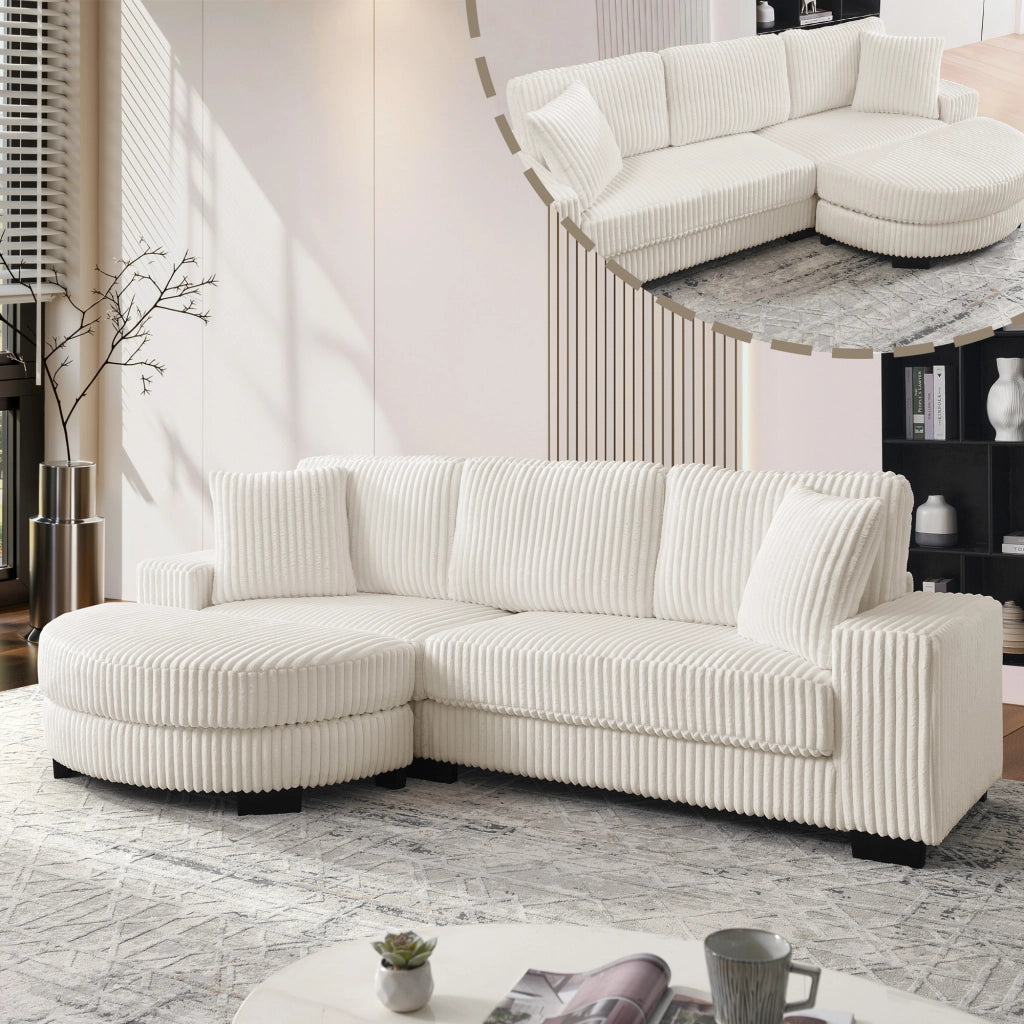 Divano angolare modulare da 256;5?x?133;5?x?89?cm 4 posti a coste; con pouf ovale e 2 cuscini incluso; velluto; bianco
