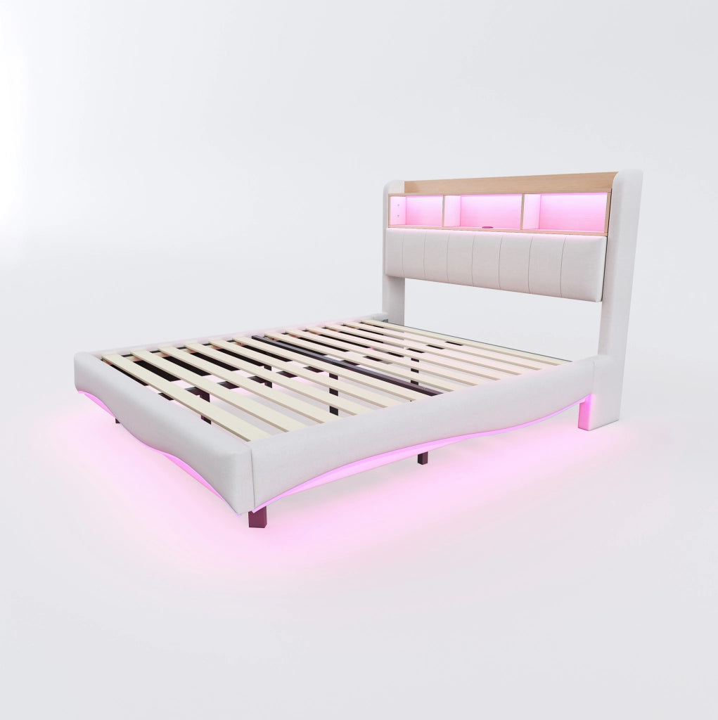 Letto imbottito sospeso 140x200 cm in tessuto di lino beige con luci LED, porte USB e Type-C, contenitore integrato