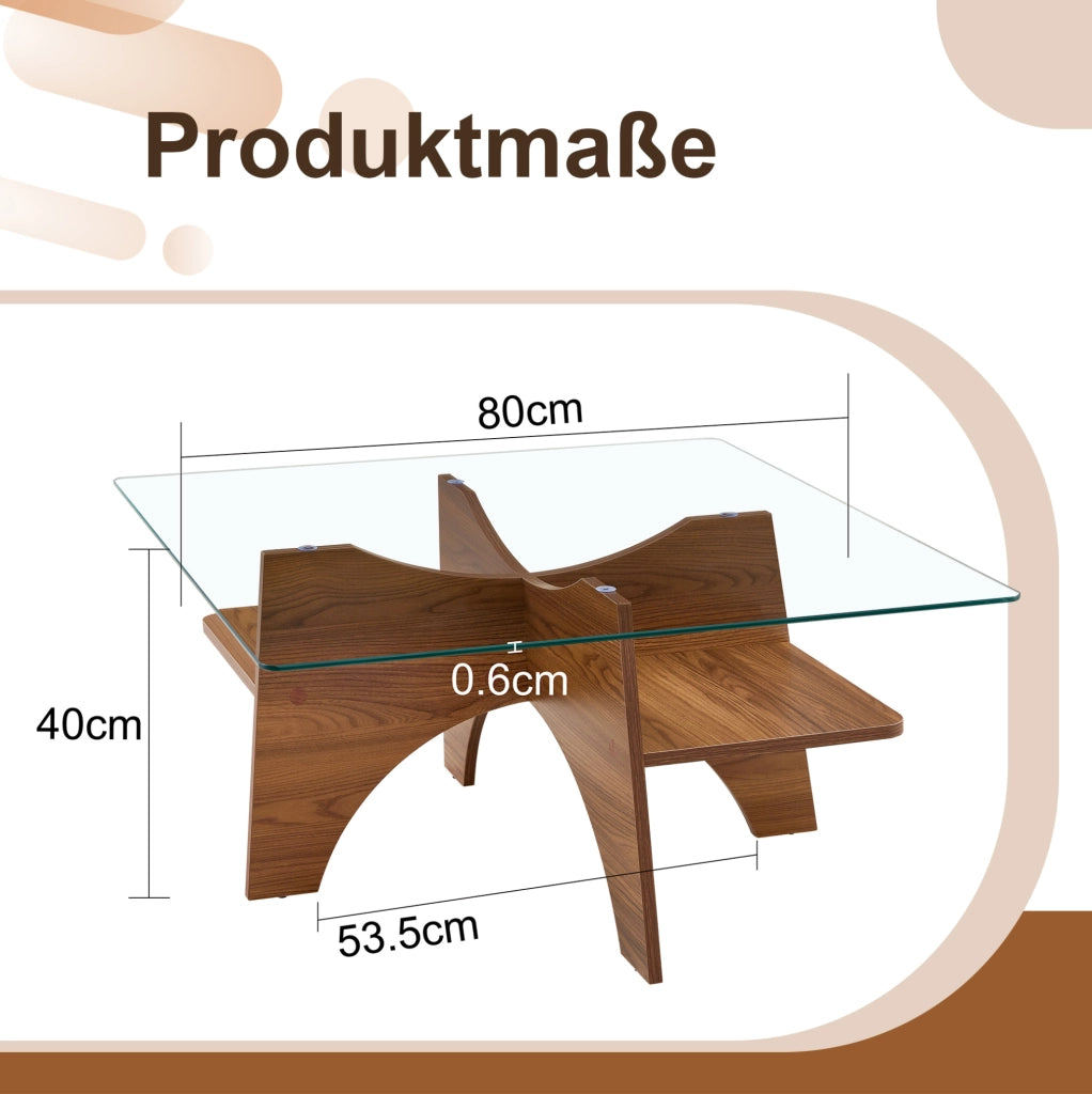 Tavolino da salotto quadrato 80x80 cm in vetro e MDF effetto noce HOMVRA