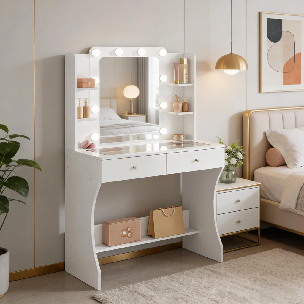 Toeletta con specchio LED tricolore; piano in vetro temperato; 2 cassetti e 4 vani aperti bianca 80 × 135 × 40 cm