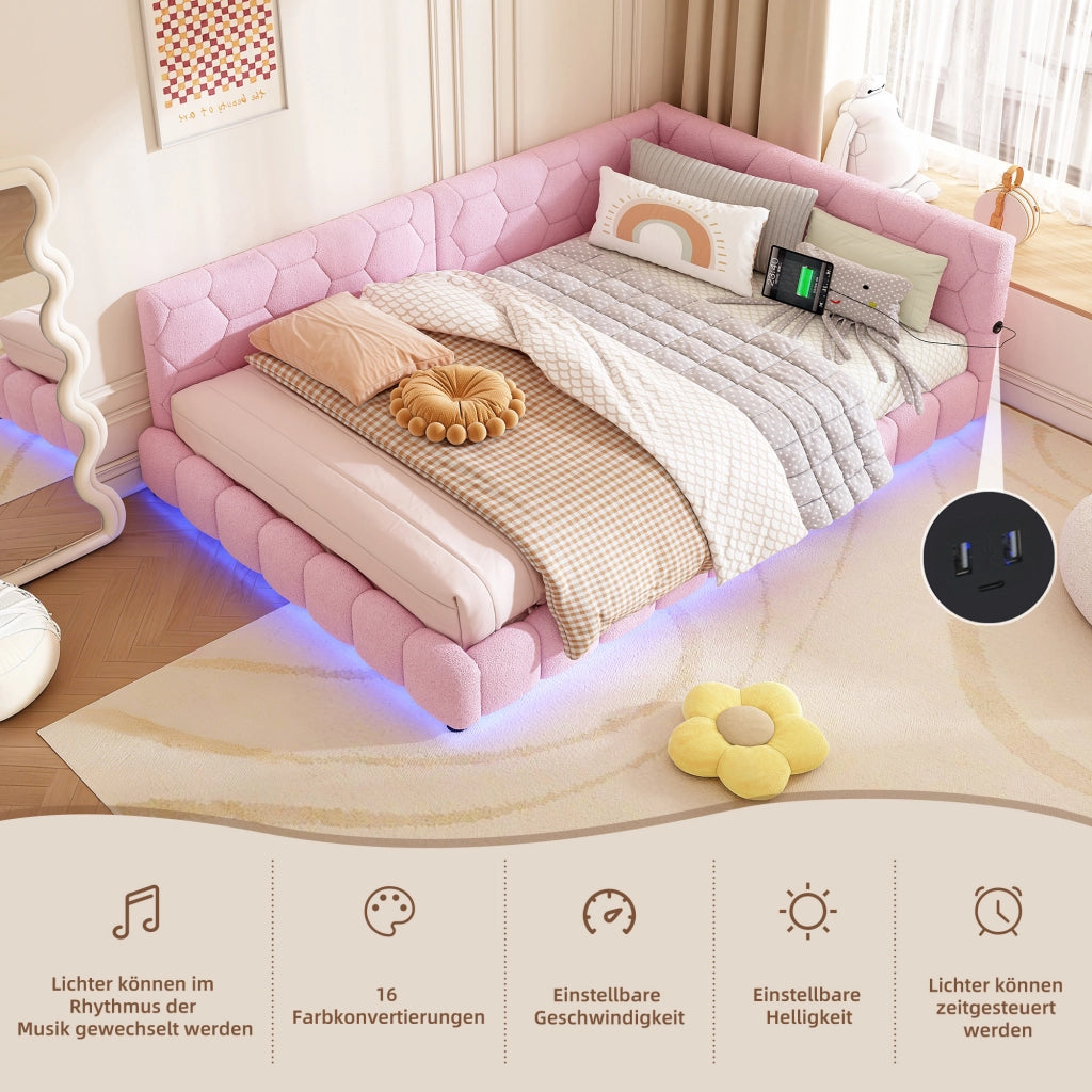 Letto da Giorno 140x200 cm in velluto con LED; USB-C Rosa