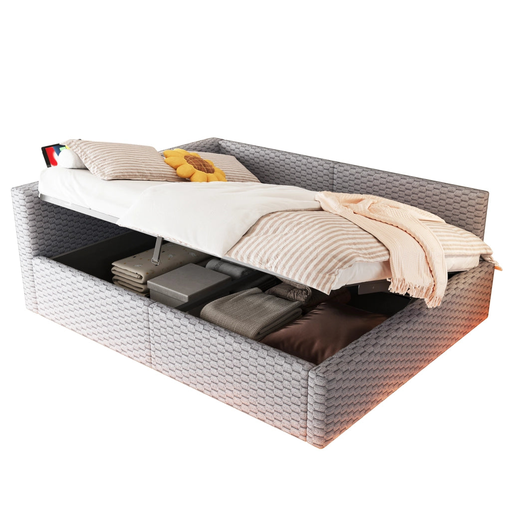 Letto Imbottito 140x200 cm in Velluto Grigio con Contenitore Idraulico; Luci LED e Prese USB