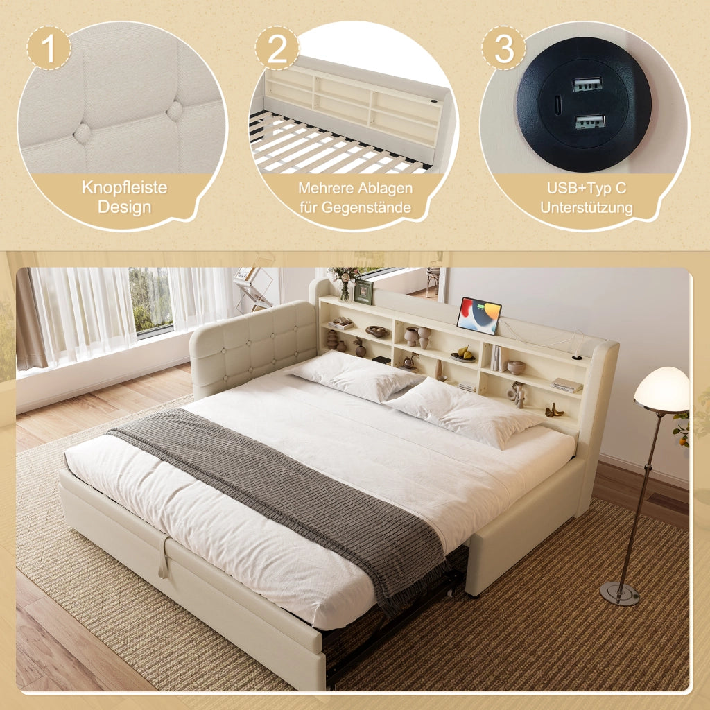 Divano Letto Estraibile 90/180x200 cm in Lino con USB-C; Scaffali; Testiera; Rete a Doghe; Beige
