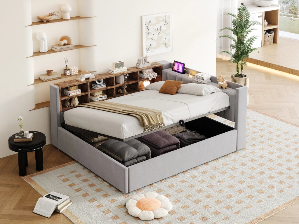 Letto matrimoniale imbottito 140 × 200 cm con contenitore idraulico velluto grigio chiaro USB e Type-C