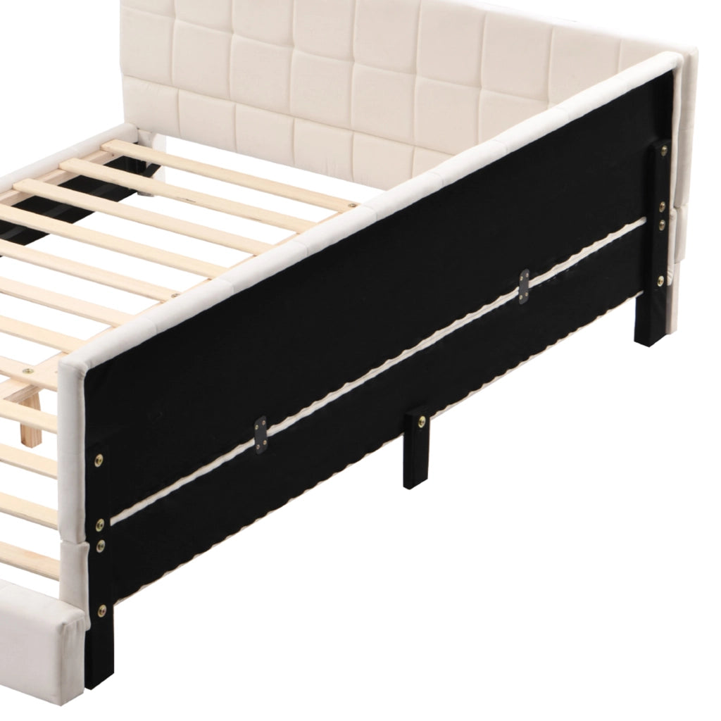 Divano letto 160 × 200 cm con rete a doghe rivestito in velluto beige con schienale e bracciolo intercambiabili