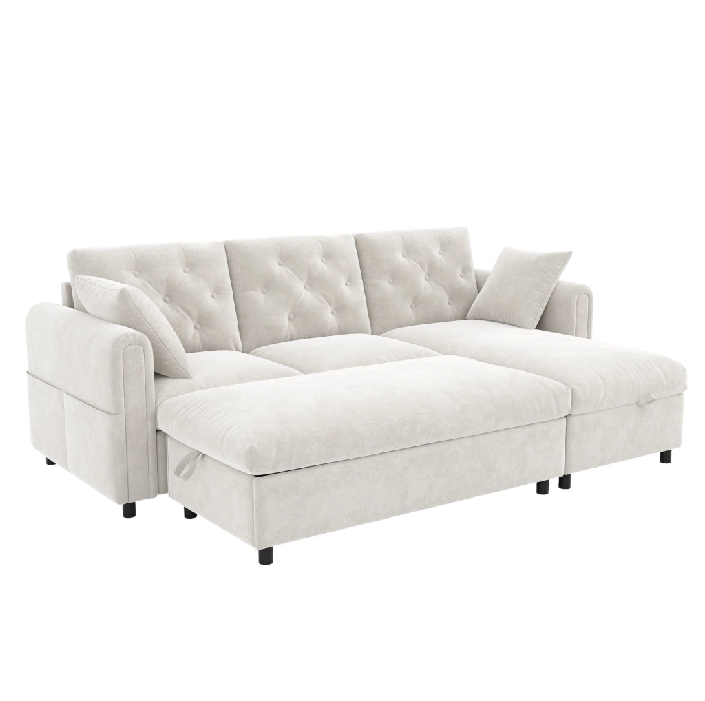 Divano moderno beige con chaise longue reversibile e pouf contenitore, 219 x 131 x 86 cm