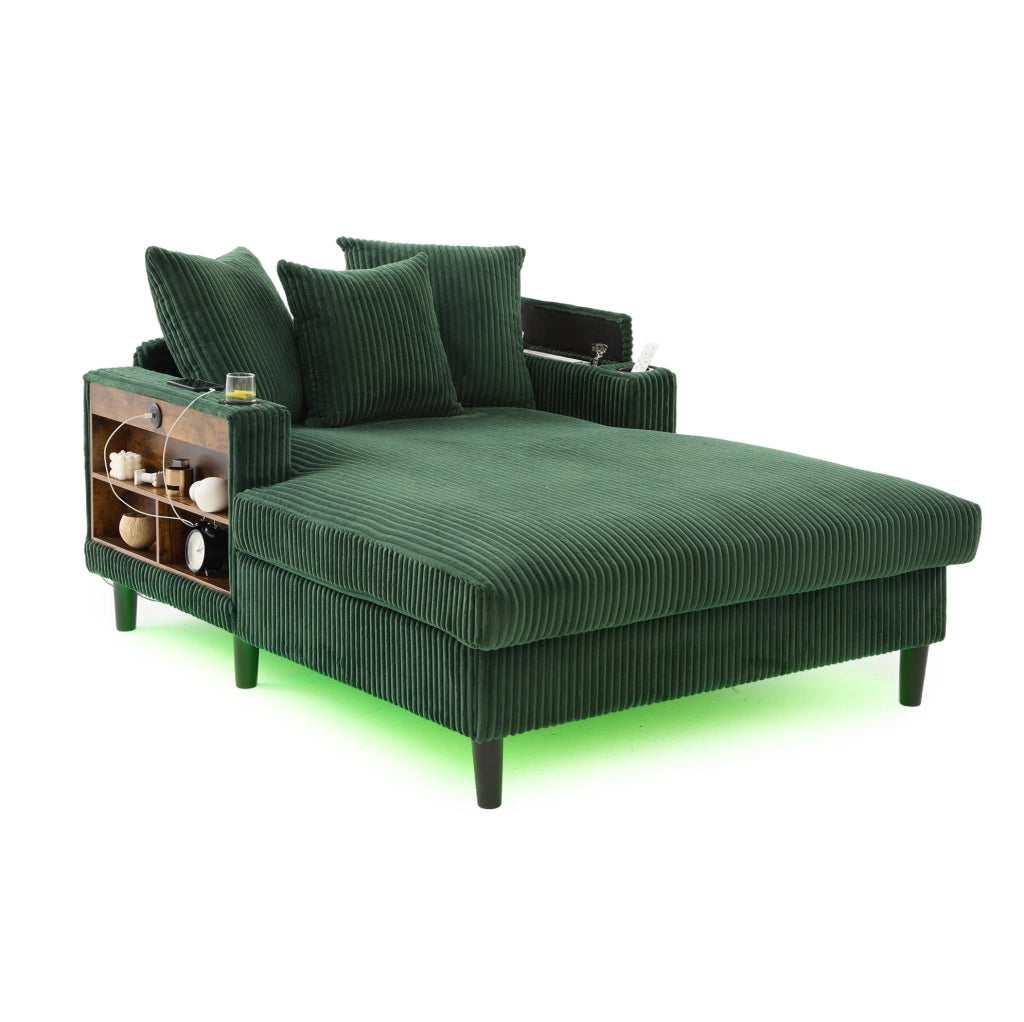 Chaiselongue in velluto di cotone con ampio spazio sdraiato, porta bicchieri laterali, illuminazione LED e porta USB
