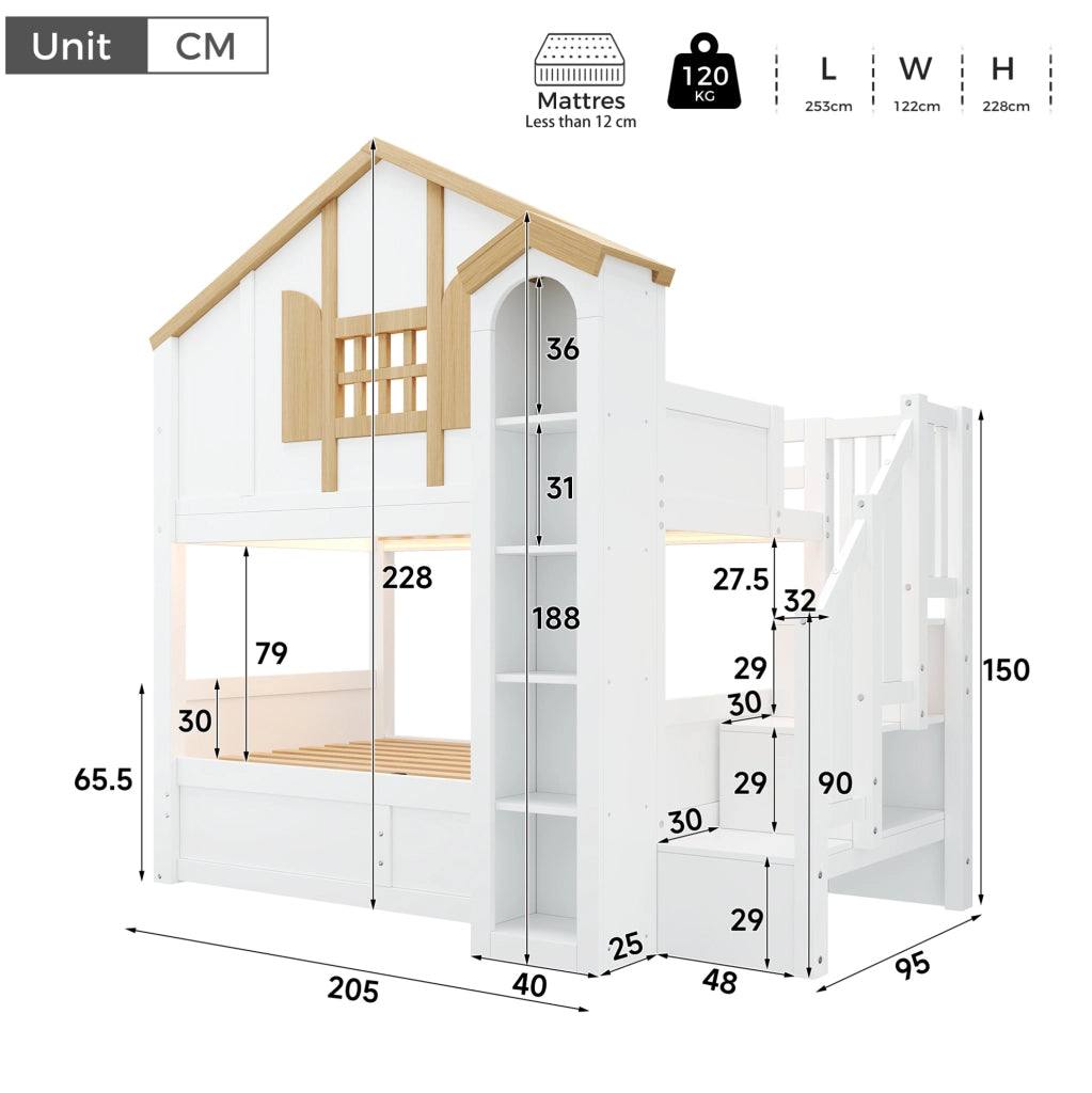 Letto a castello 90x200 cm con LED e scala contenitore