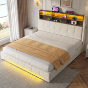 Letto imbottito 180 × 200 cm con contenitore idraulico testiera multifunzione USB-C LED velluto beige