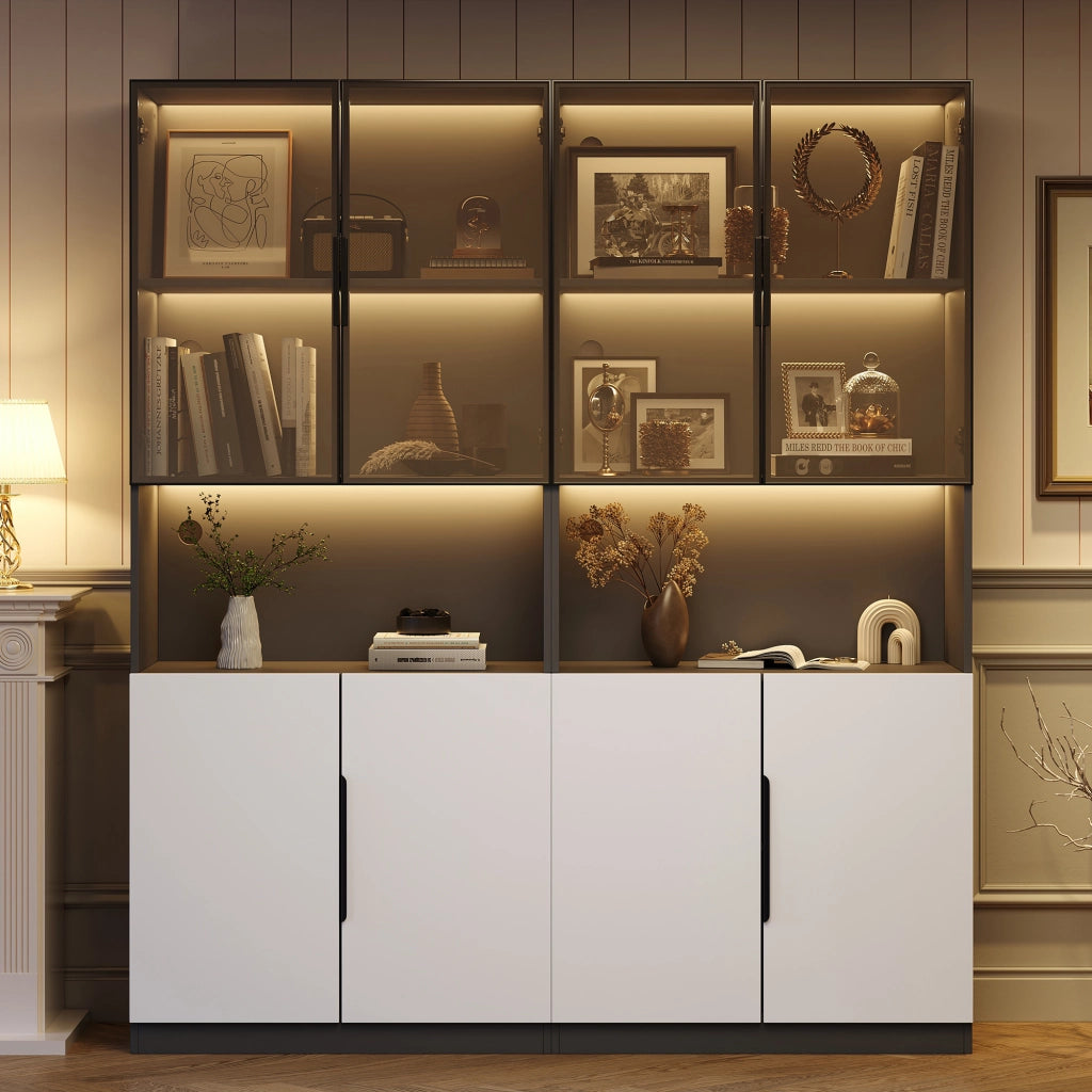 Vetrina con LED regolabili e ante in vetro temperato ripiani regolabili bianco e nero 160 × 30 × 200 cm
