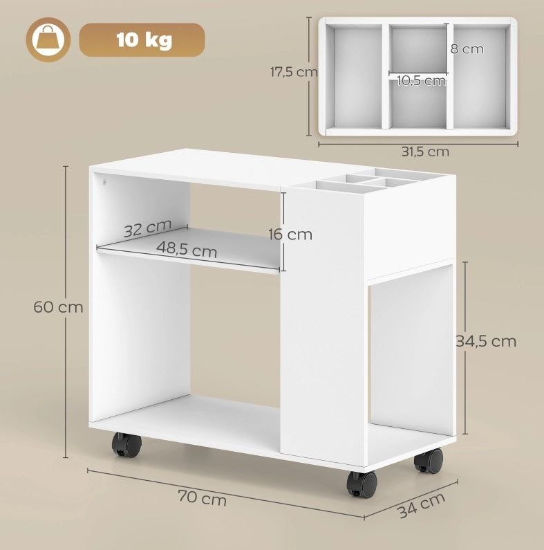 Carrello per Stampante Bianco Compatto 70x34x60 cm con Ruote e Ripiani