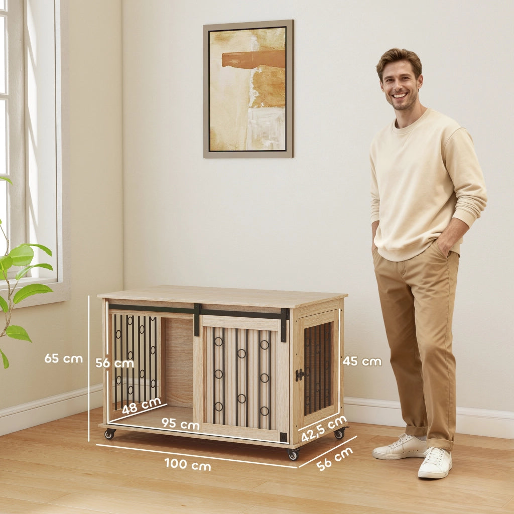 Gabbia per cani da interno in legno e acciaio con ruote e porta scorrevole, mobile cuccia spazioso e robusto per casa, 100 x 56 x 65 cm