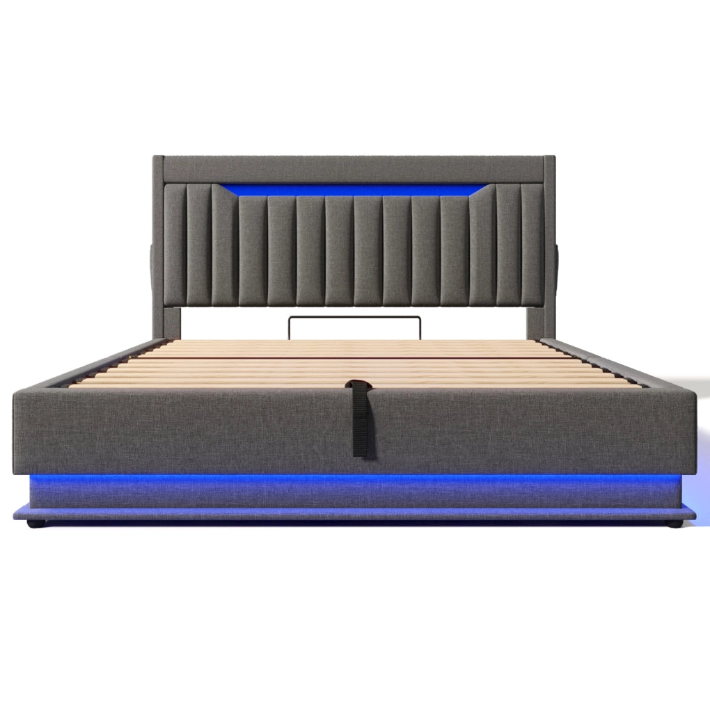 Letto contenitore 160x200 cm in lino grigio con USB e LED, senza materasso