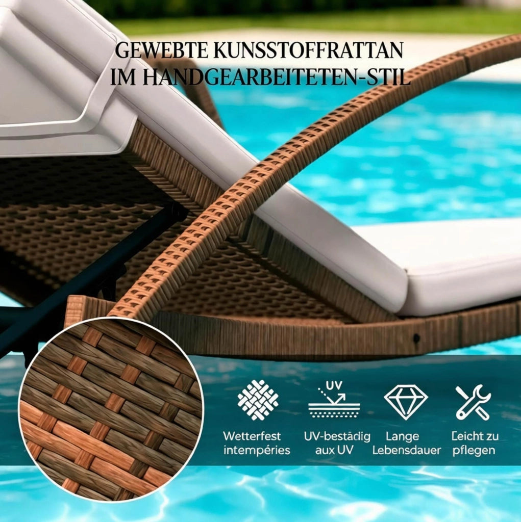 Sdraio da terrazza moderna con ruote, lettino da giardino regolabile in 5 posizioni, struttura in acciaio zincato e resina intrecciata, cuscini beige e marrone