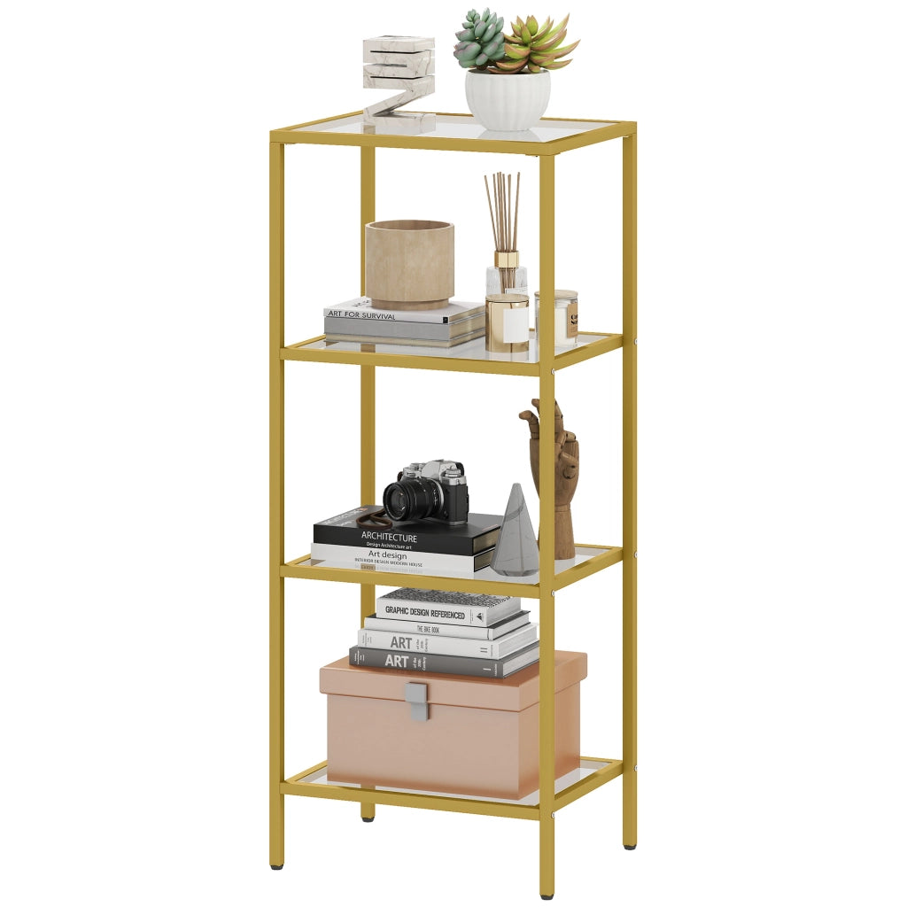 Scaffale a 4 Livelli in Metallo e Vetro Temperato, Mobiletto Salvaspazio per Casa, Design Moderno, Robusto, Color Oro, 40x30x96.5 cm