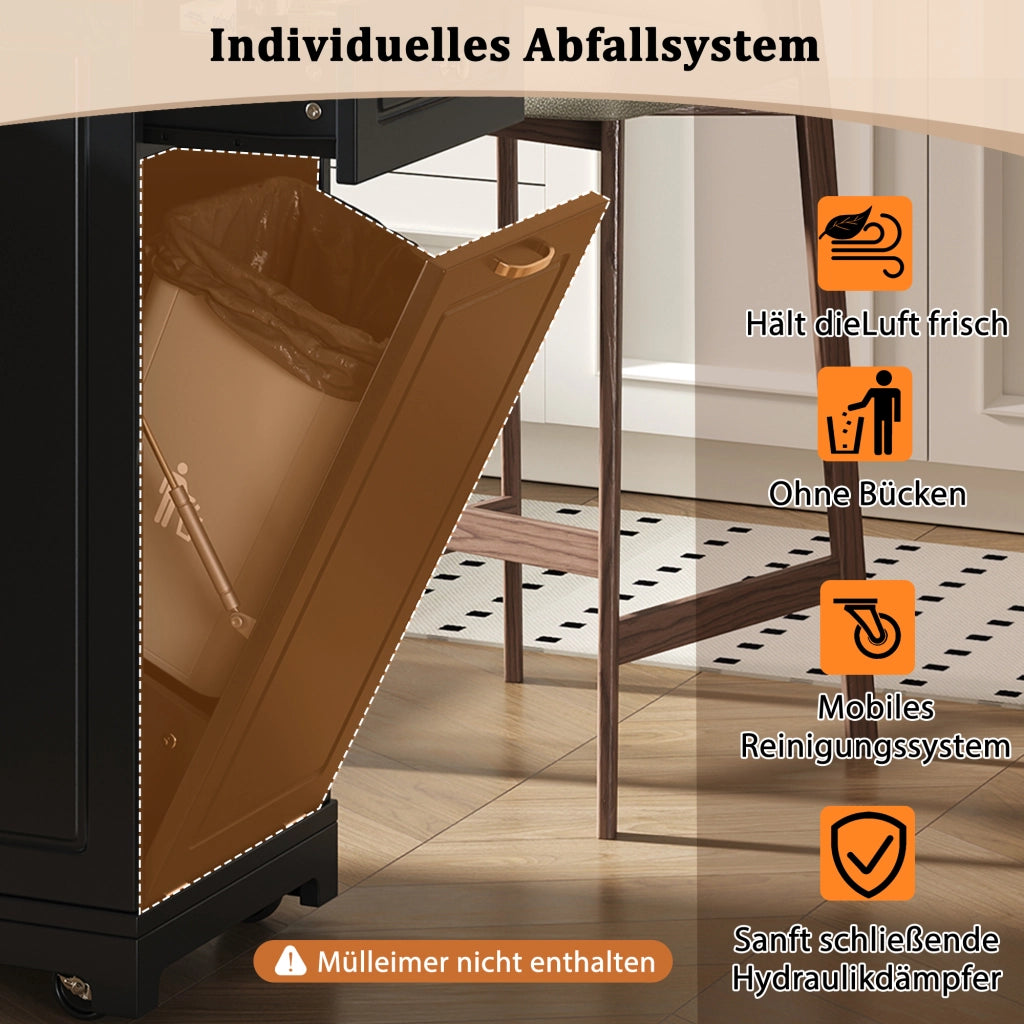 Isola da cucina mobile con piano ribaltabile prese elettriche vano rifiuti MDF nero naturale 131.8 × 40-70 × 93.3 cm