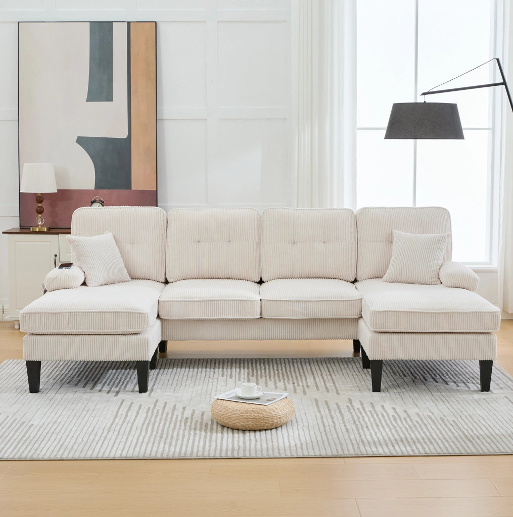Divano angolare a U 4 posti in lino beige con chaise-longue e schienale moderno