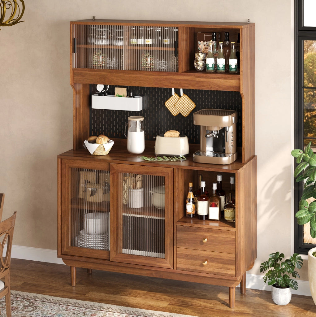 Credenza da cucina 117x30x170 cm con ante scorrevoli in vetro rigato e cassetti noce HAVRYA