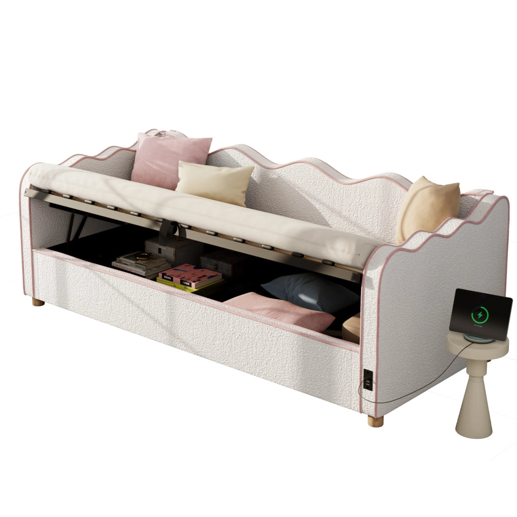 Letto 90x200 cm con contenitore idraulico, USB e USB-C in boucl¨¦ beige