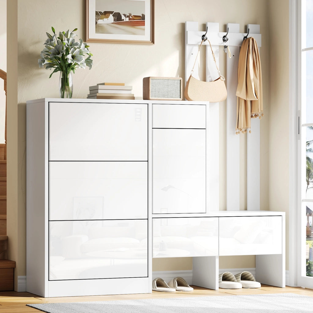 Set di mobili da ingresso con scarpiera a ribalta; panca e appendiabiti in MDF bianco 160 × 35 × 160 cm
