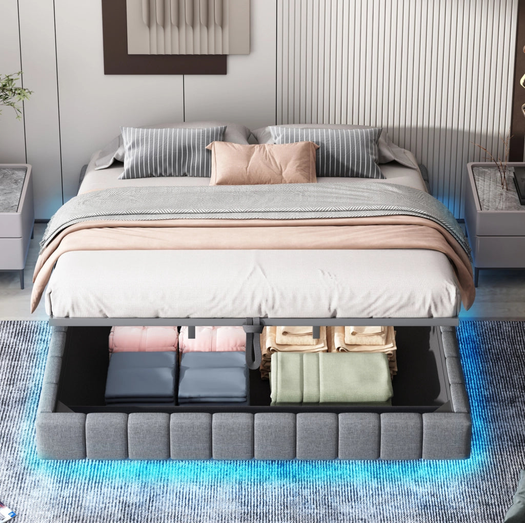 Letto matrimoniale imbottito 180x200 cm con contenitore, LED, effetto sospeso, grigio