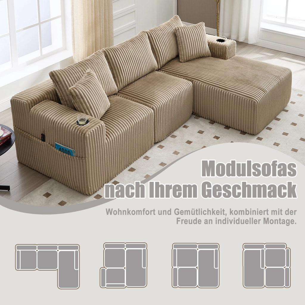 Divano modulare con chaise longue e 2 posti - con tasche laterali e portabicchieri - kaki