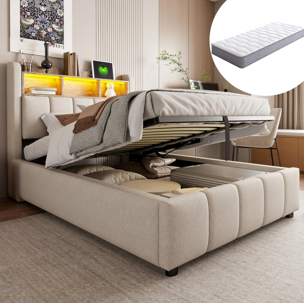 Letto imbottito 90x200 cm con LED, USB-C e vano contenitore