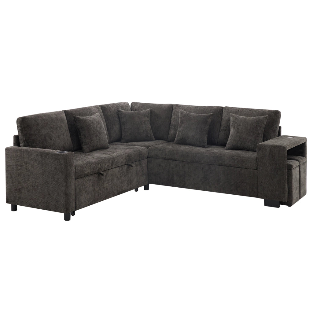 Divano angolare letto L, 5 posti con pouf contenitore, tessuto chenille grigio, USB e USB-C, braccioli larghi, con cuscini inclusi