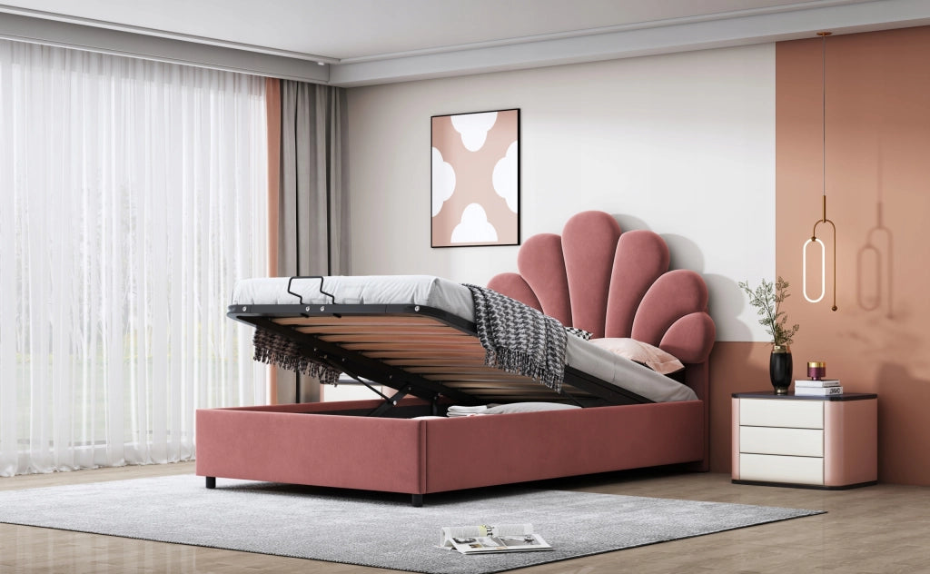 Letto imbottito 90x200 - Xylo - rosa, telaio sollevabile