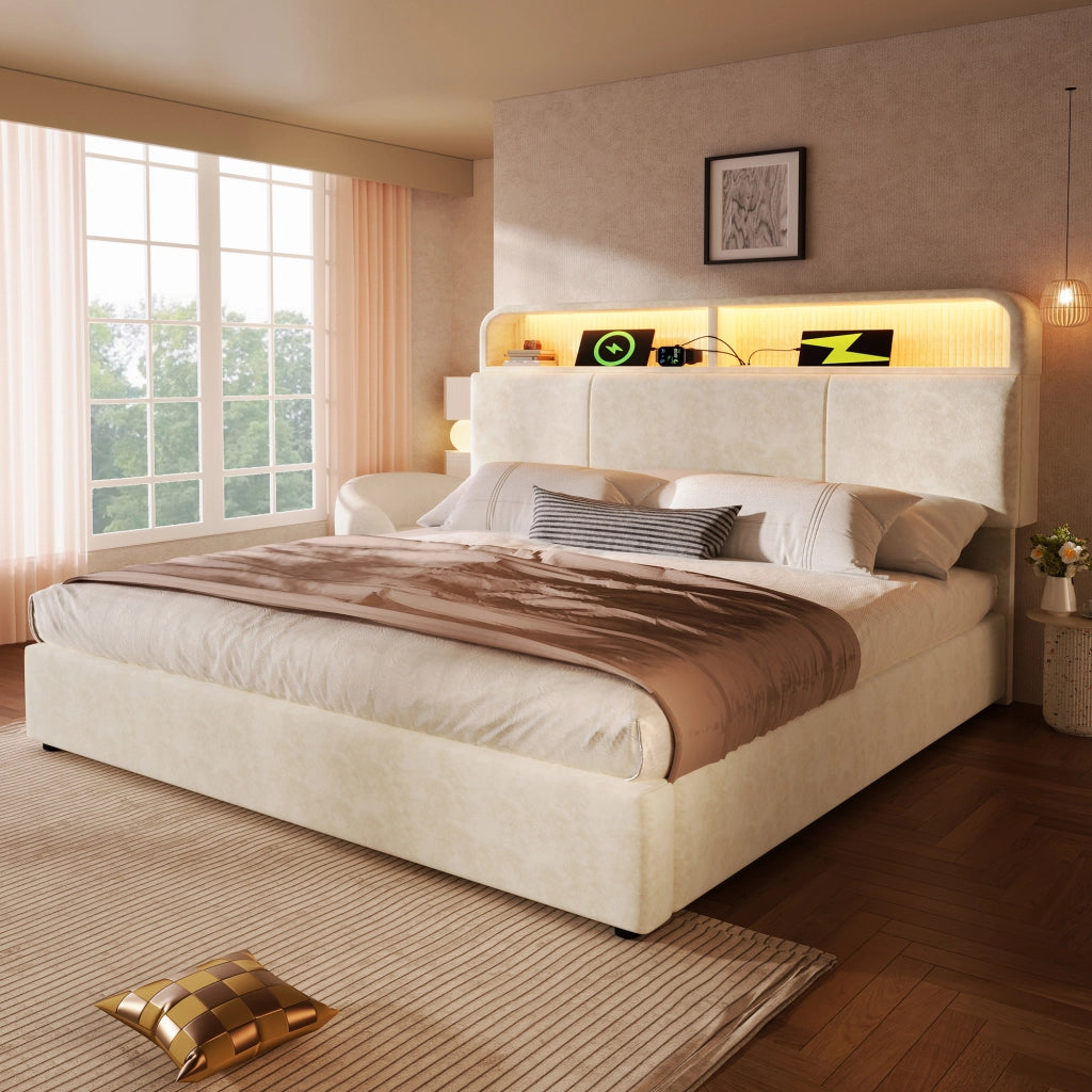 OKWISH Letto Contenitore 180×200 cm, Letto Matrimoniale con Testiera Regolabile, LED Regolabile, USB e Tipo C, senza Materasso, in Velluto, Beige