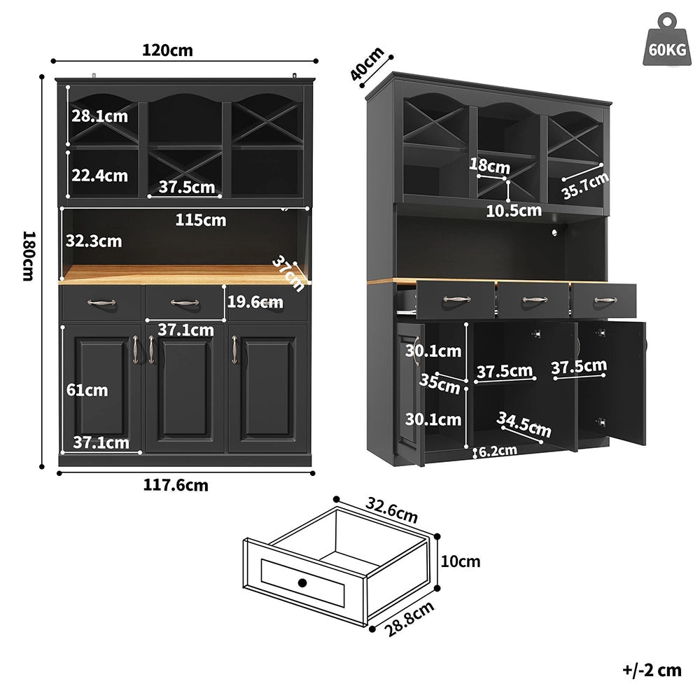 Credenza Cucina Alta 120x40x180cm - Xylo - 3 Ante, 3 Cassetti e Luci LED, Nero