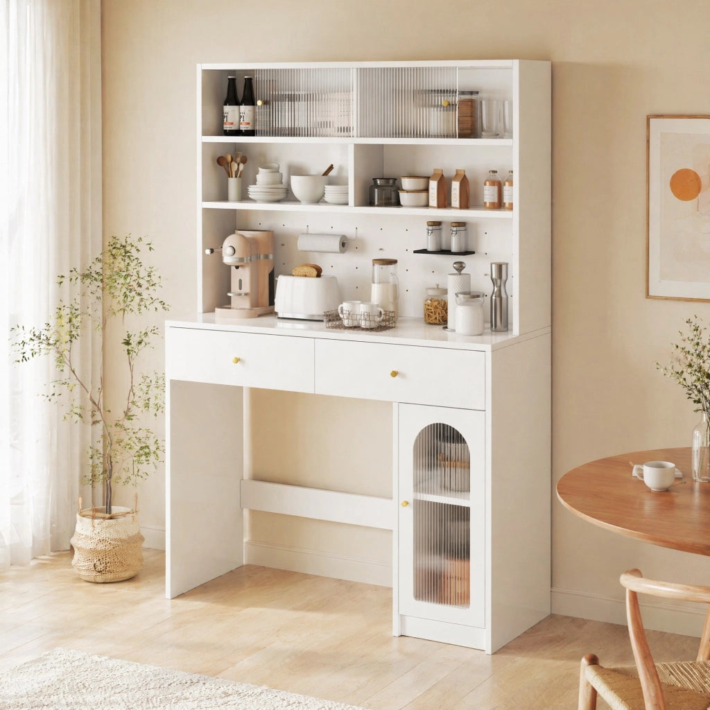 mobile da cucina con piano di lavoro, ripiani aperti, 2 cassetti e ganci in MDF bianco 120 × 45 × 180 cm