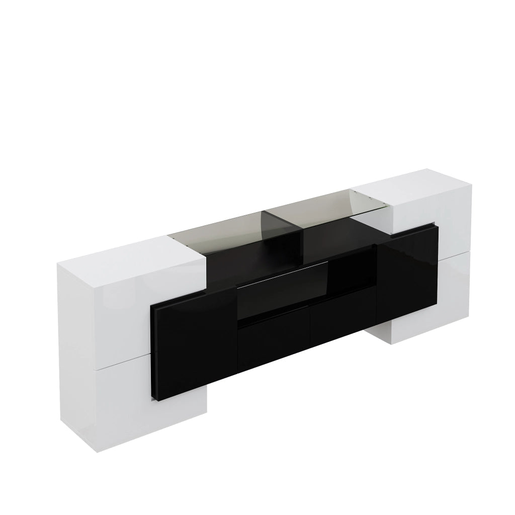 Mobile TV moderno 200x35x60 cm con LED multicolore; 6 ante e 2 cassetti bianco e nero