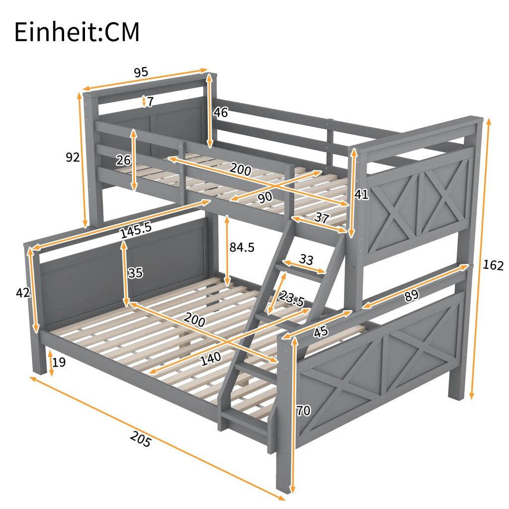 Letto a castello convertibile in due letti in legno di pino e MDF grigio con scala inclinata e sponde