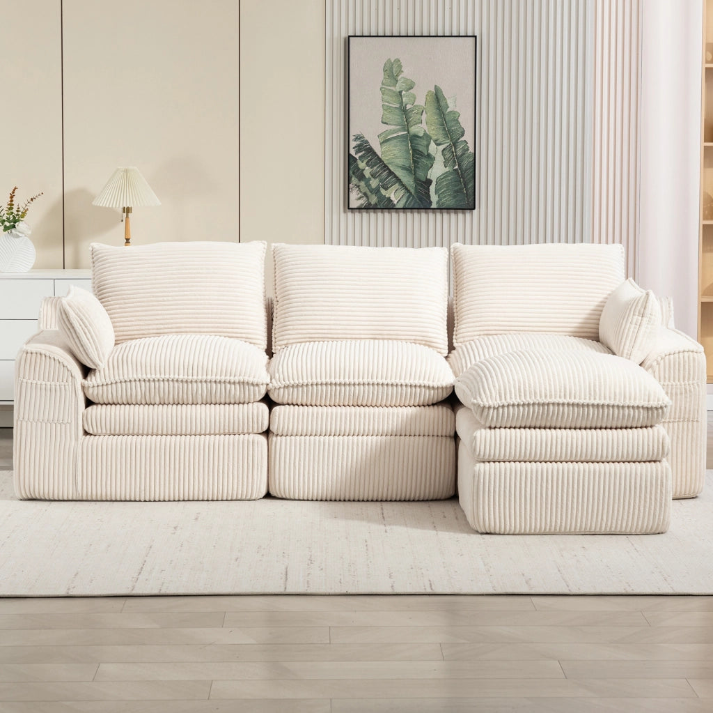 Divano modulare 263x167x85 cm in velluto a coste beige, 3 posti
