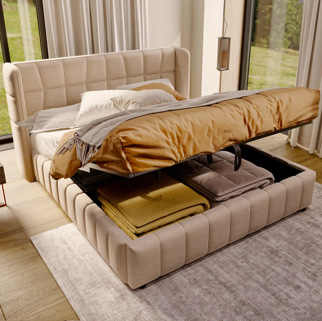Letto contenitore imbottito ULEVR 180x200 cm con rete a doghe, struttura in metallo e rivestimento beige