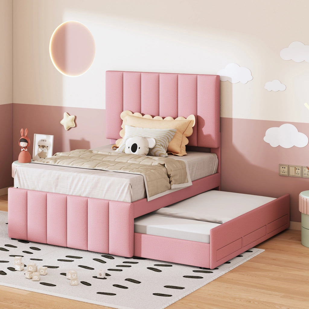 Letto con letto estraibile 90 × 200 cm con letto supplementare 90 × 190 cm e 3 cassetti rivestito in lino rosa