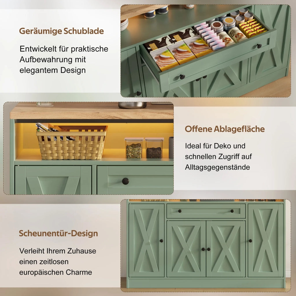 Mobile da cucina e soggiorno, 140x35x95 cm, con illuminazione LED, 1 cassetto, ripiani ante e 4 porte a granaio